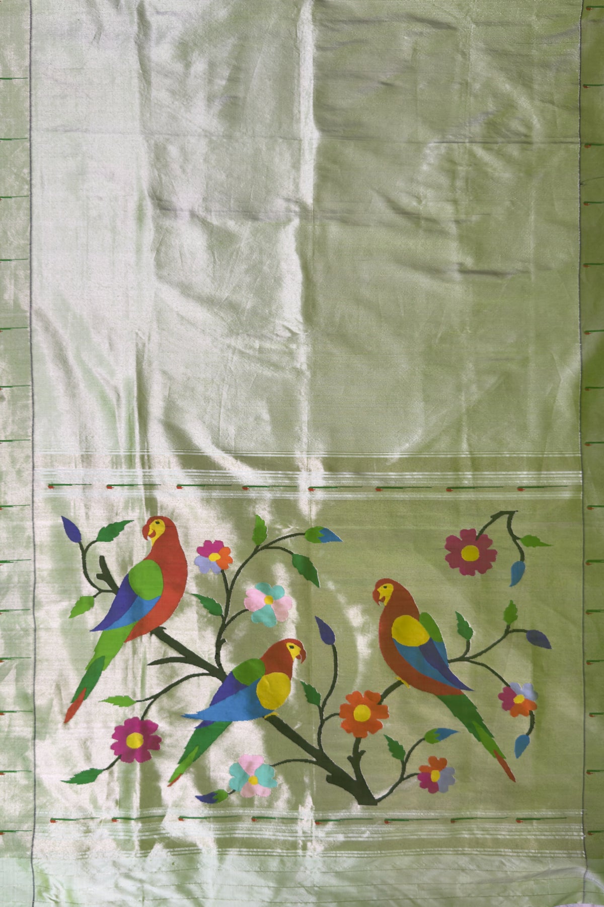 Parrot Green Pure Silk Handloom Tissue Paithani Saree with Stripes