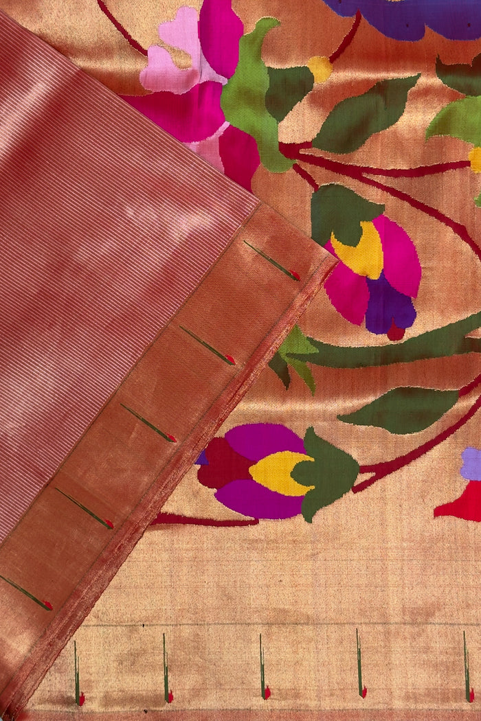 Baby Pink Pure Silk Handloom Stripes Paithani Saree