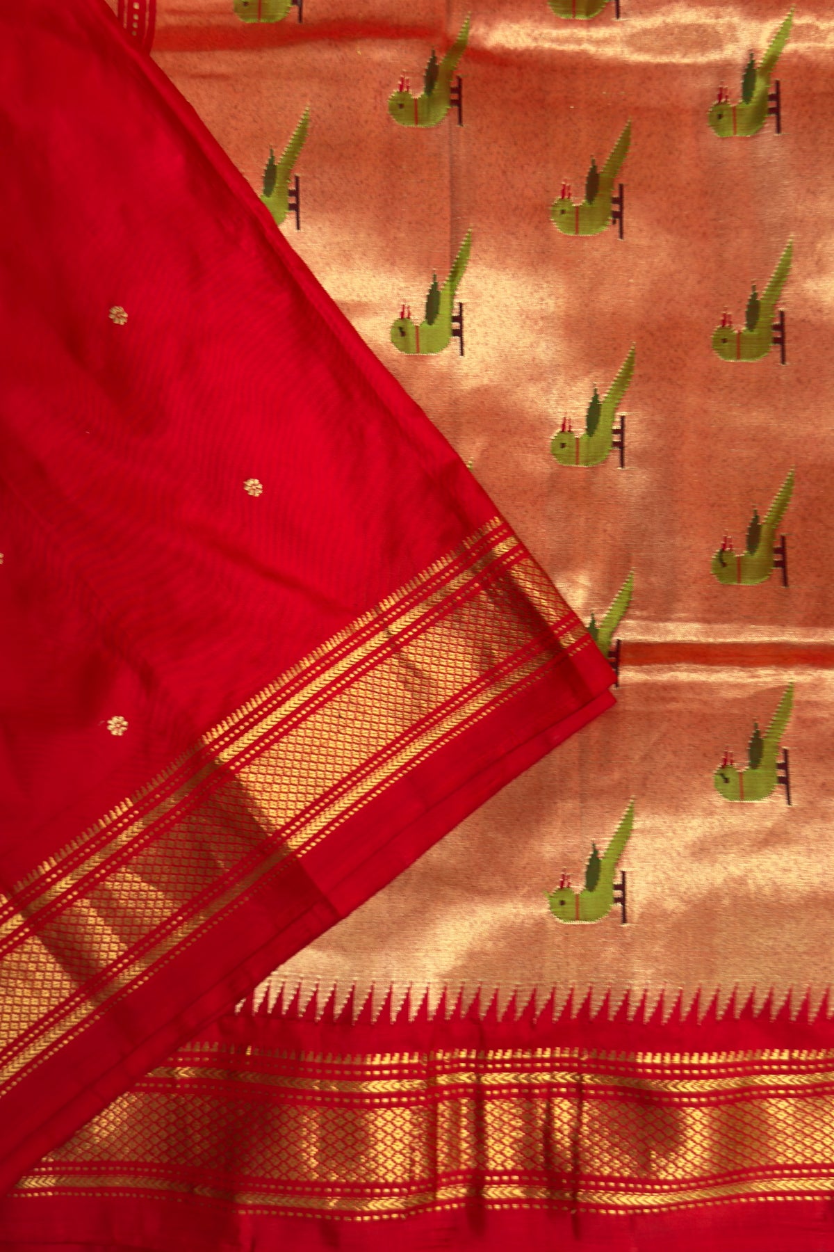 Red Handloom Pure Silk Paithani with Parrot Pallu