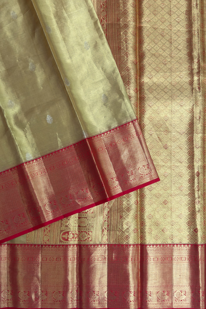 Gold & Red Pure Silk Handloom Tissue Kanjeevaram