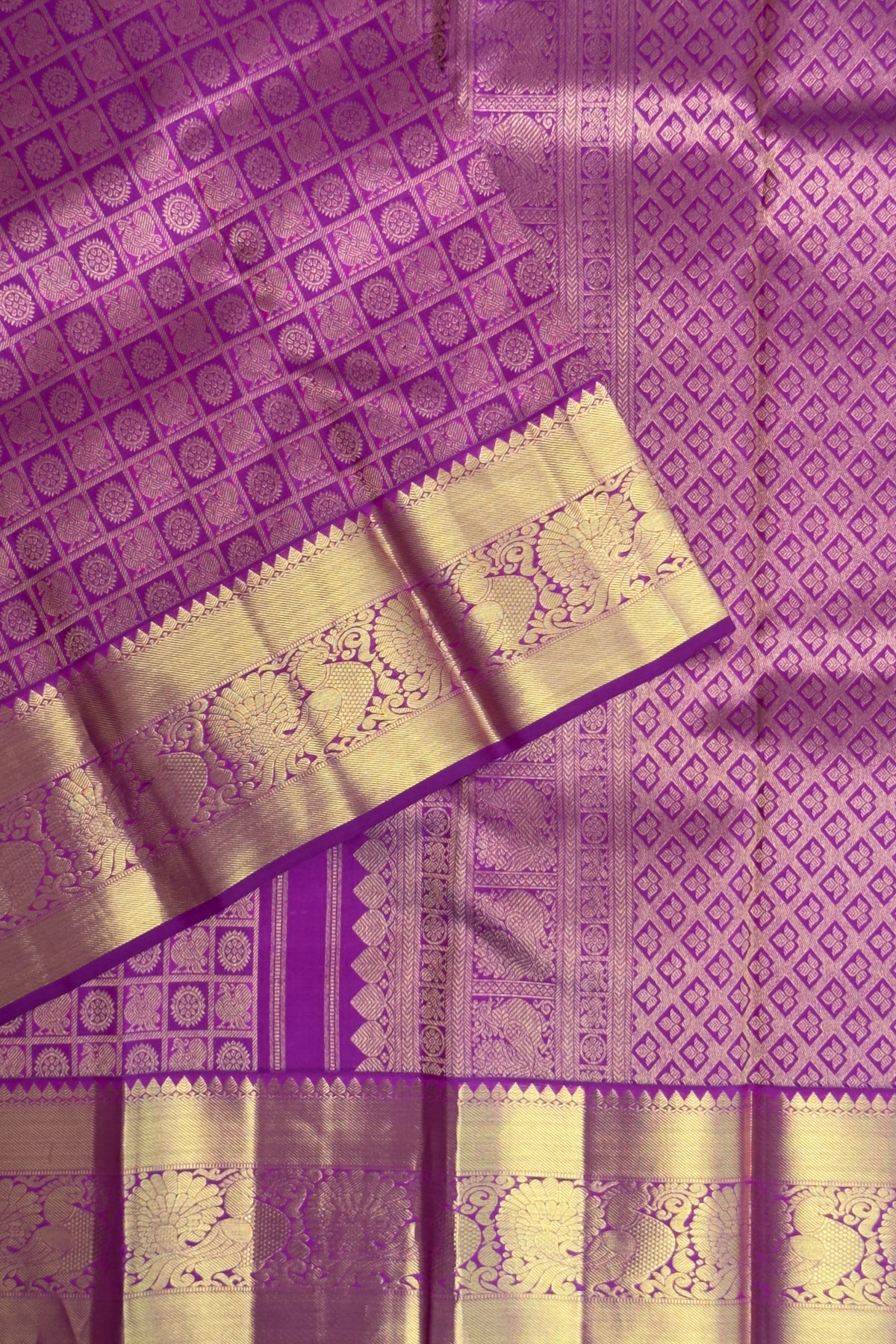 Purple Checks Pure Silk Handloom Kanjeevaram