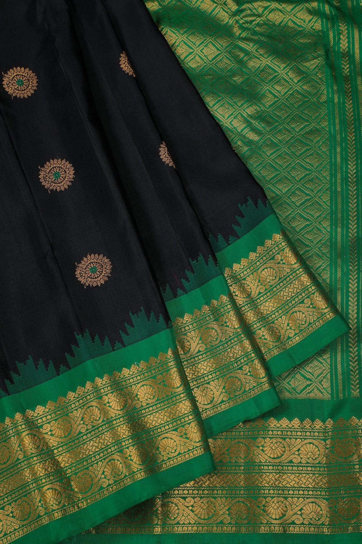 Jet Black Handloom Pure Silk Gadwal Saree with Ganga Jamuna Border