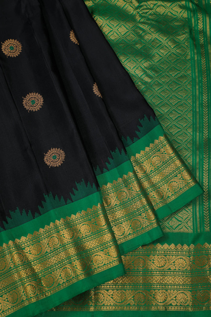Jet Black Handloom Pure Silk Gadwal Saree with Ganga Jamuna Border