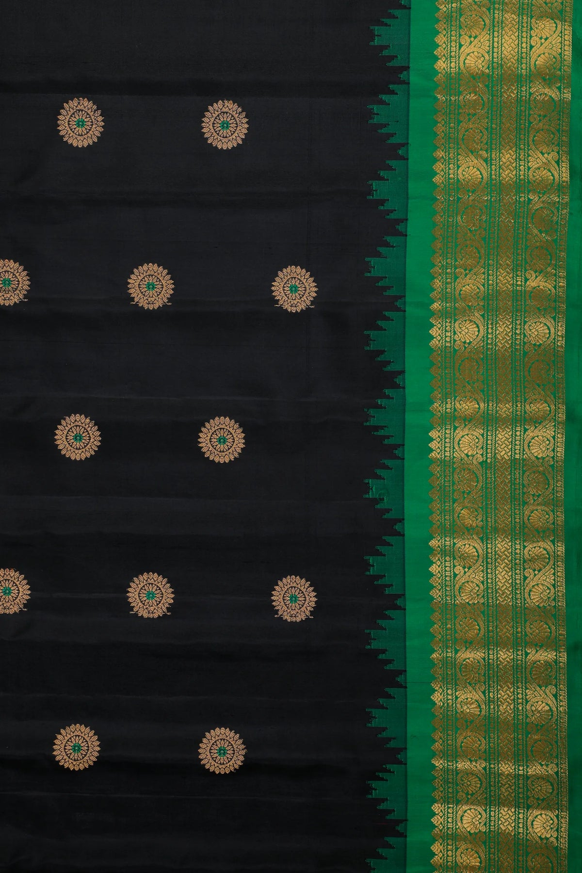 Jet Black Handloom Pure Silk Gadwal Saree with Ganga Jamuna Border