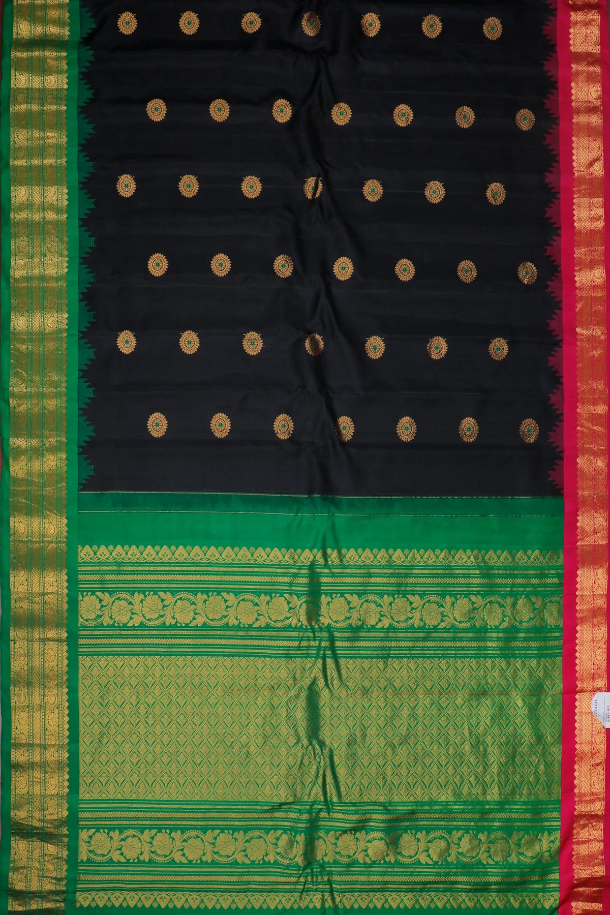 Jet Black Handloom Pure Silk Gadwal Saree with Ganga Jamuna Border