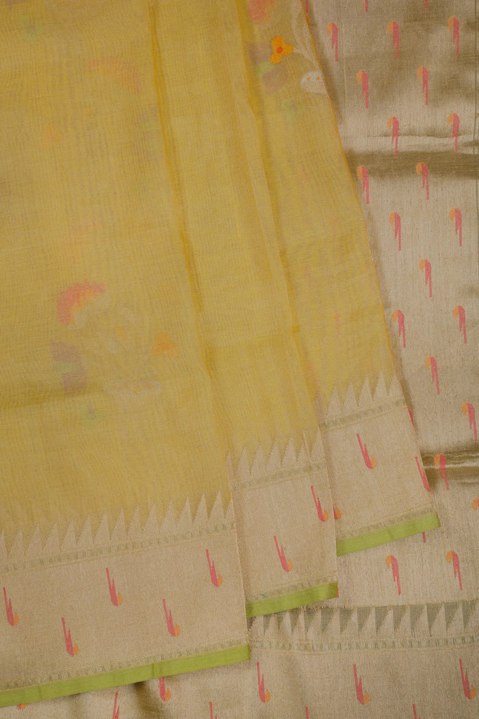 Lemon Yellow Handloom Benarasi Jamdani Tissue Pure Silk Saree