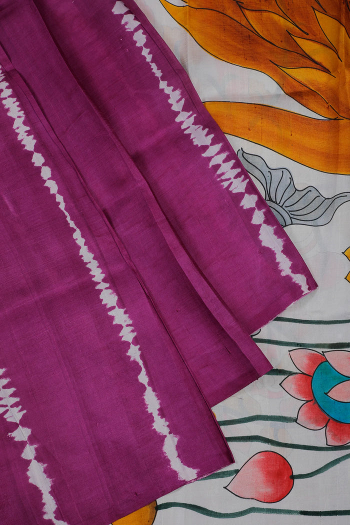 Wine Handloom Tussar Handpainted Pure Silk Saree with Kalamkari