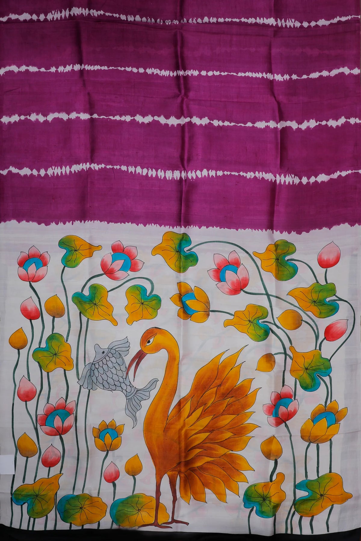 Wine Handloom Tussar Handpainted Pure Silk Saree with Kalamkari