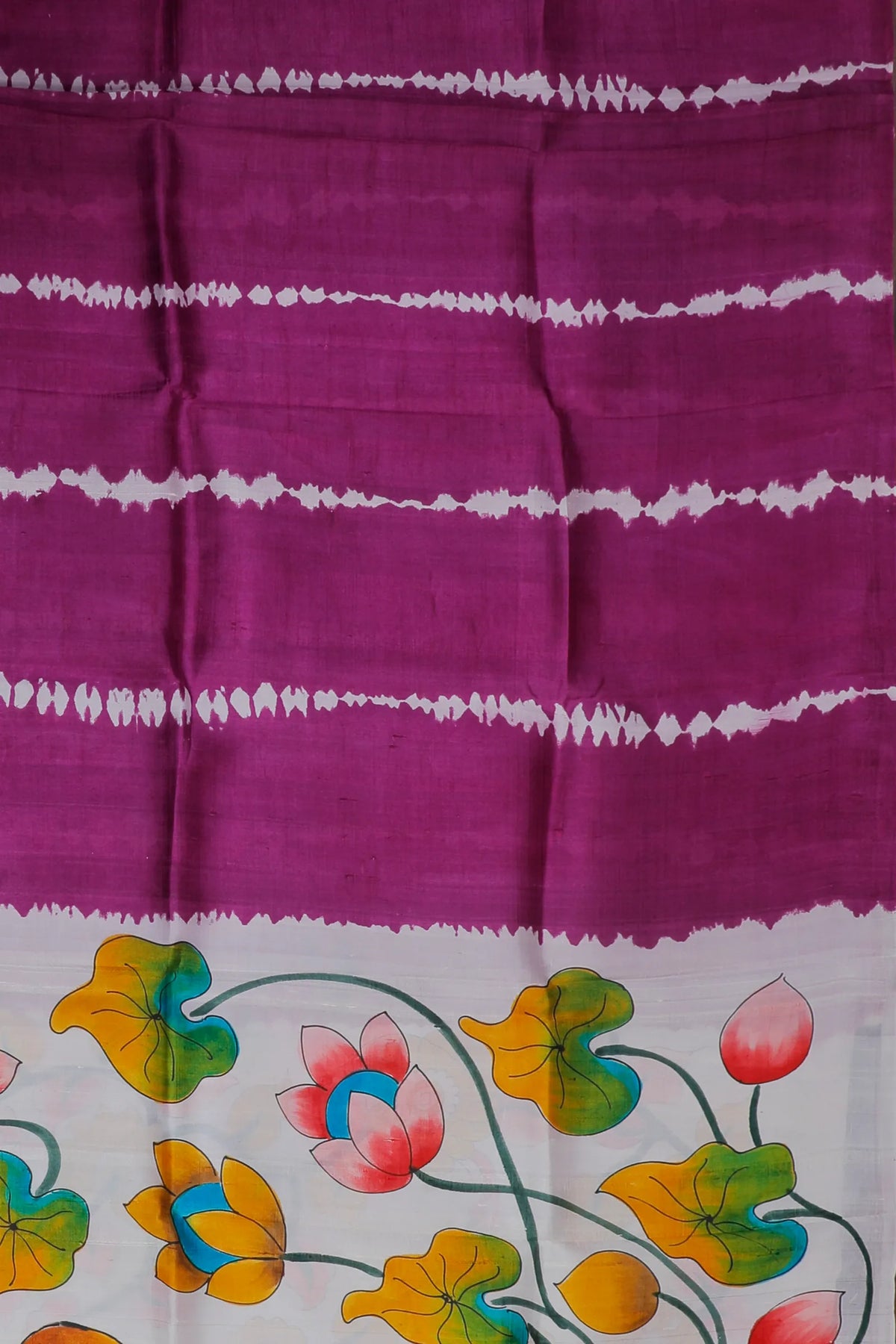 Wine Handloom Tussar Handpainted Pure Silk Saree with Kalamkari