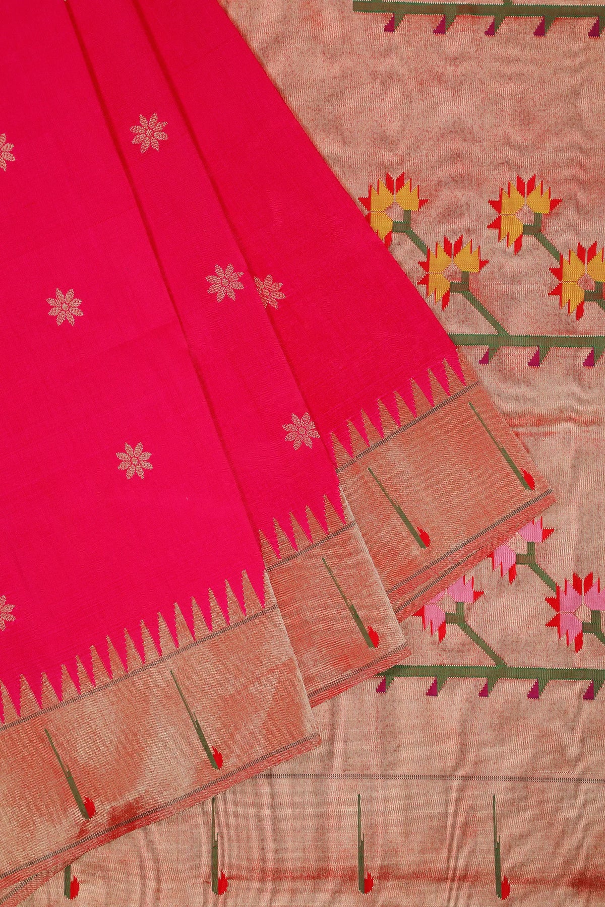 Hot Pink Handloom Pure Silk Muniya Paithani Saree