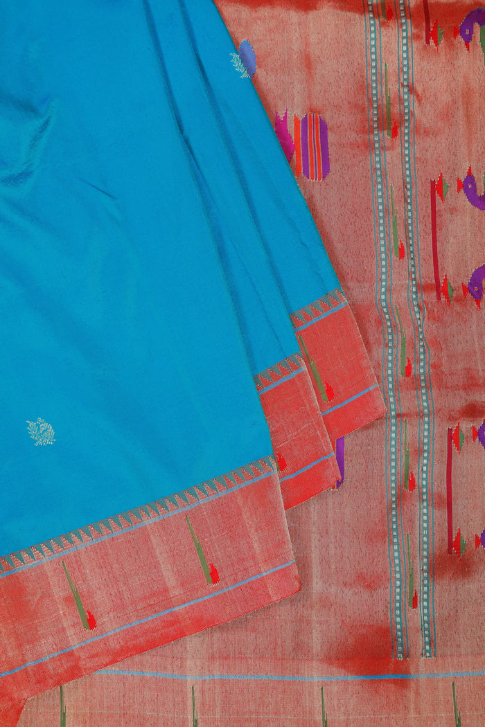 Teal Blue Handloom Pure Silk Muniya Paithani Saree