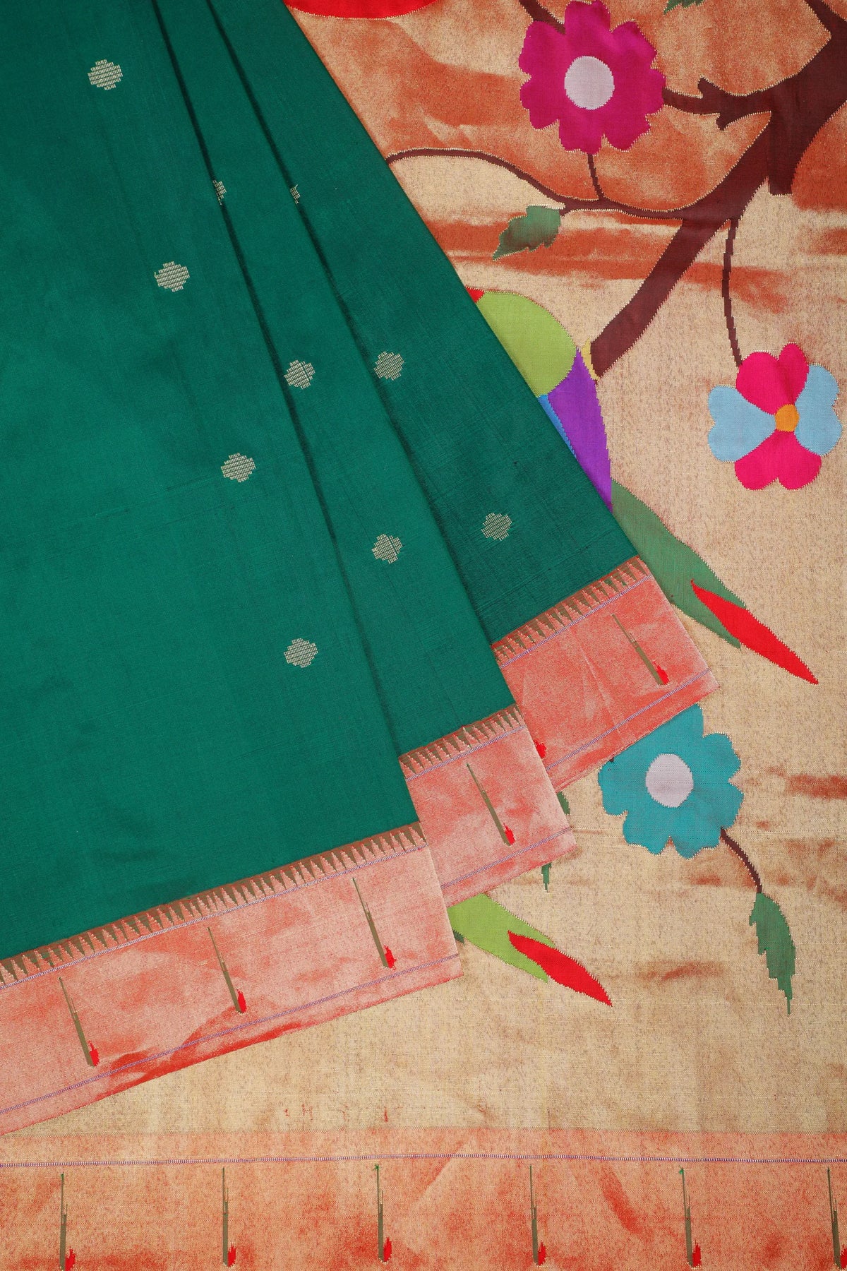 Bottle Green Handloom Pure Silk Muniya Paithani Saree